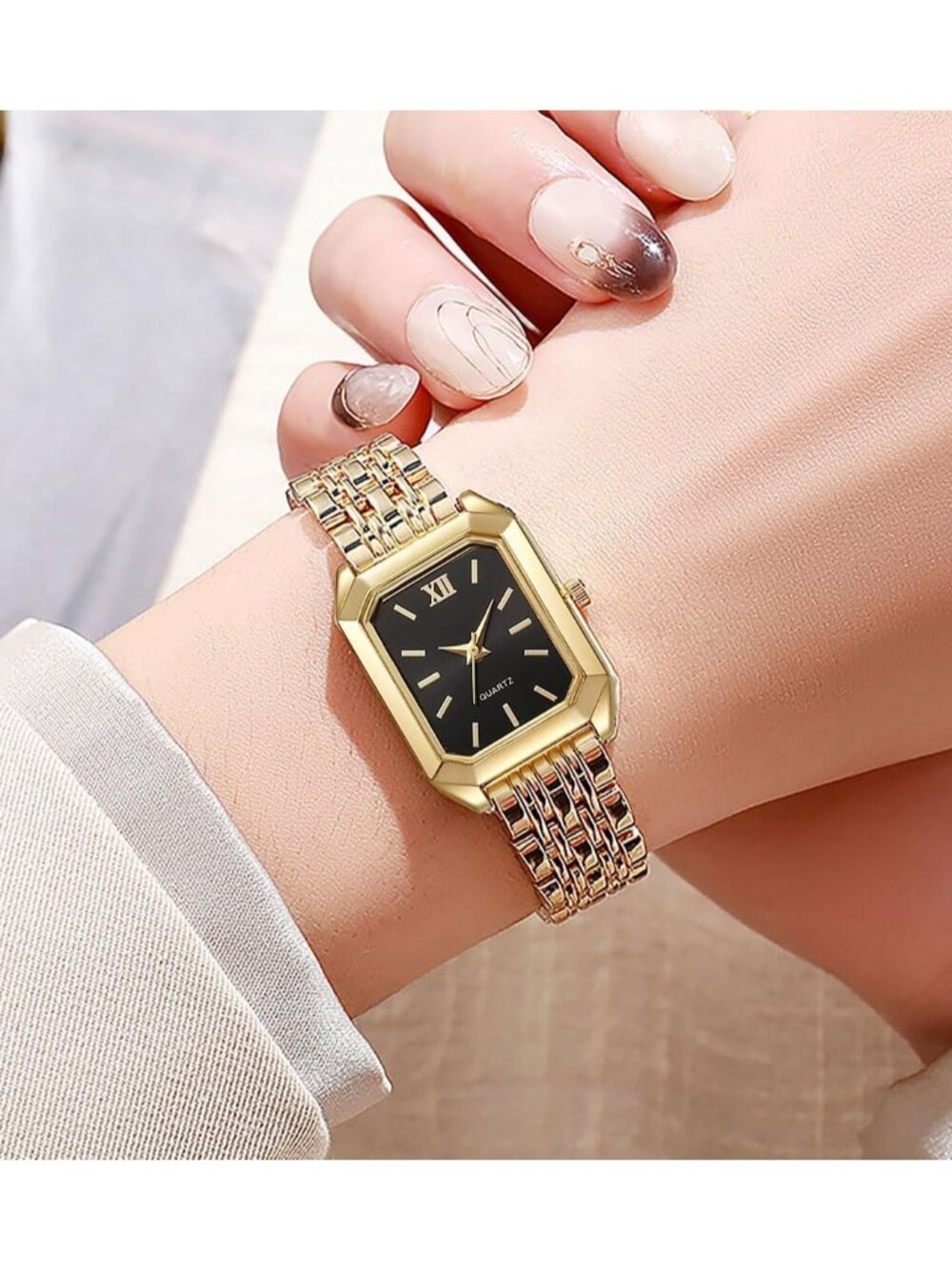 Women's Gold-Black Steel Strap Casual Fashion Simple Square Quartz Wrist Watch - Picture 2 of 6